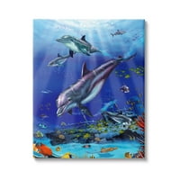 Stupell Industries vízi delfinek és halak parti festménygaléria csomagolt vászon nyomtatott fal művészet